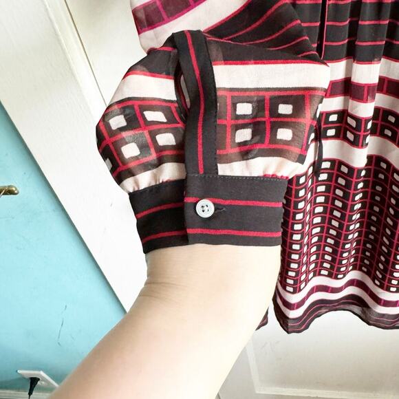 LOFT Round Neck Sheer Long Sleeve Tie Neck Knee Length Geometric Dress Medium - Picture 8 of 13